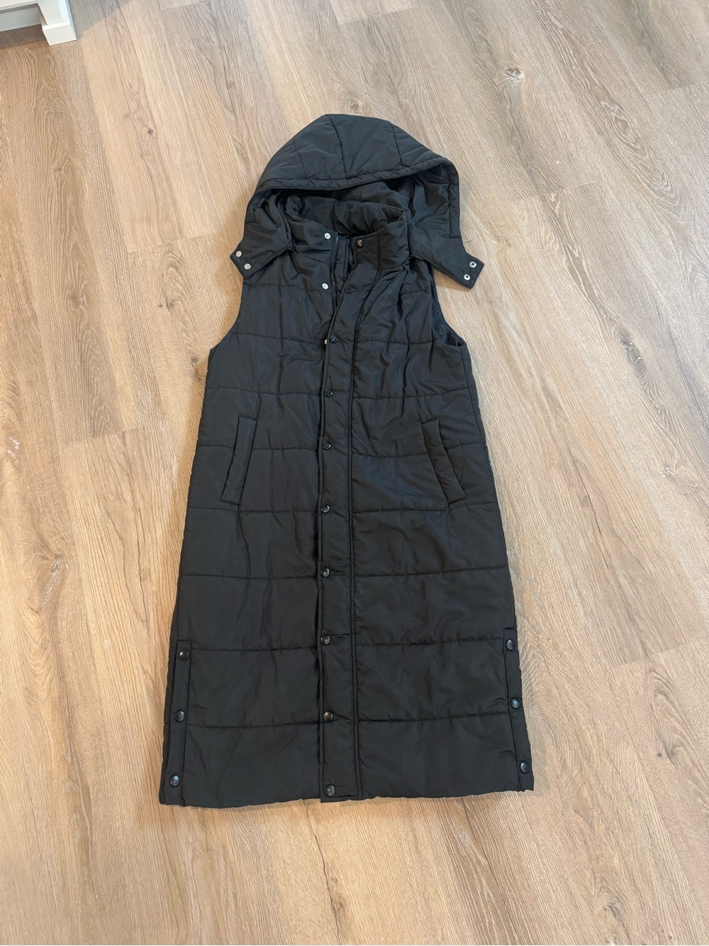 Long Quilted Hooded Vest - Black